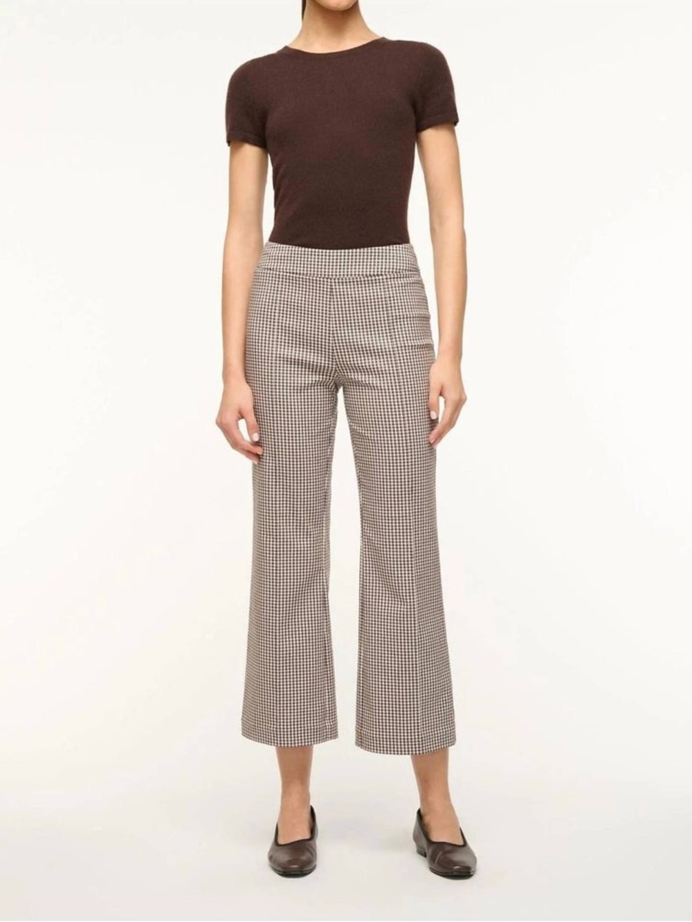 NWT STAUD Knack Dark Chocolate Micro Check Cropped Kick Flare Pants Size M